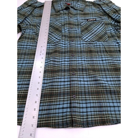Airwalk Men's Large Plaid Button Flannel Shirt Blue Green Black Check Pockets - Picture 7 of 8